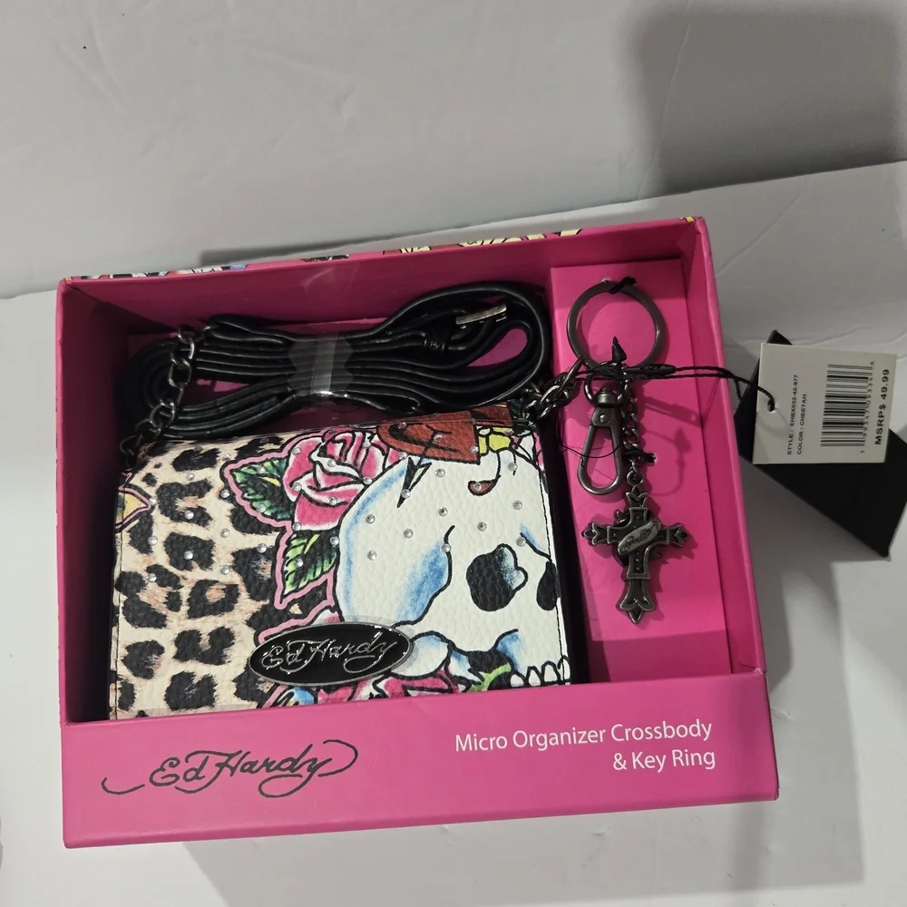 Ed Hardy Skull Leopard Rose Micro Organizer Crossbody & Key Ring Set